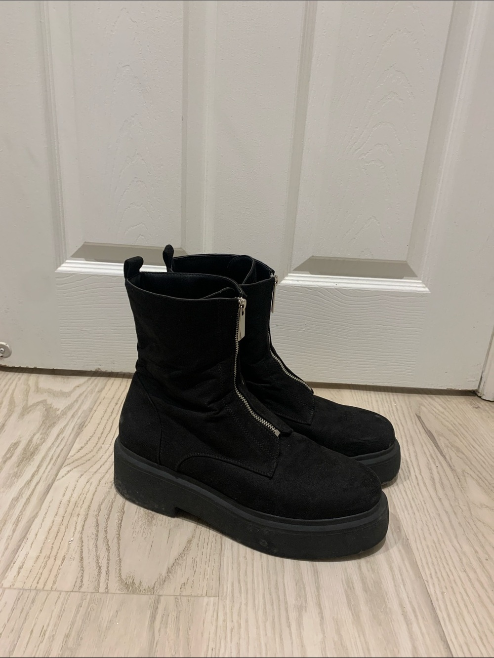 Black Front-Zip Platform Ankle Boots - Women